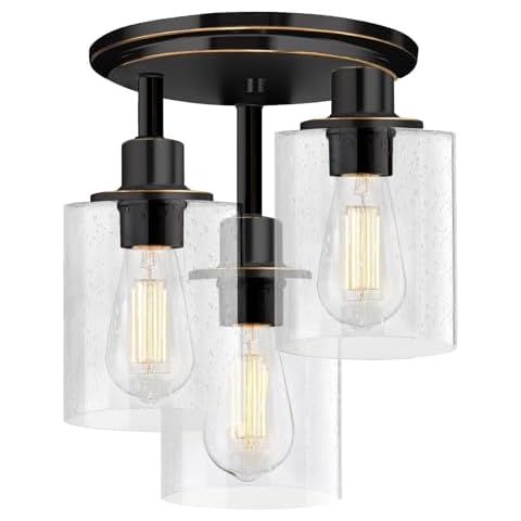 Refice Flush Mount Ceiling Light Fixture Black and Gold Flush Mount Ceiling Light with Seeded Glass Shades, 3-Light Modern Ceiling Light for Kitchen Hallway Entryway Island Bedroom Cover