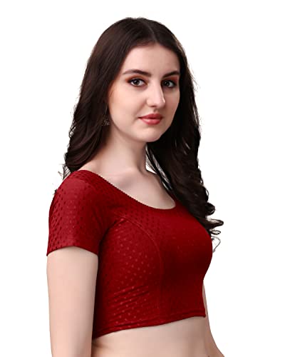 Image of Mogsa Women's Stretchable Dobby Cotton Lycra Saree Blouse | Readymade Stitched Blouse | Round Neck | Short Sleeve | Soft & Comfortable Ethnic Blouse for Saree Wear