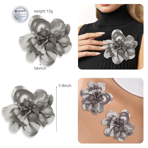 Image of 2Pack 6inch Extra Large Satin Brooches Lapel Pins Dainty Elegant Fabric Camellia Rose Flower Brooch Pin for Women Wedding Part Dance Clothes Accessories Jewelry