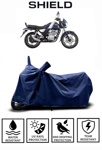 Image of Shield Heavy Duty Bike Cover for Bajaj v15 | All-Season, Tear-Proof Fabric | with Side Mirror Pocket & Buckle Belt | Bajaj v15 Bike Cover (Blue)