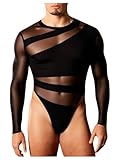 OYOANGLE Men's Long Sleeve Sheer Bodysuit Crew Neck Slim Fit Mesh Shirt Y2K Party Clubwear Streetwear Black Large