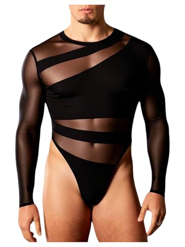OYOANGLE Men's Long Sleeve Sheer Bodysuit Crew Neck Slim Fit Body Suits Party Clubwear