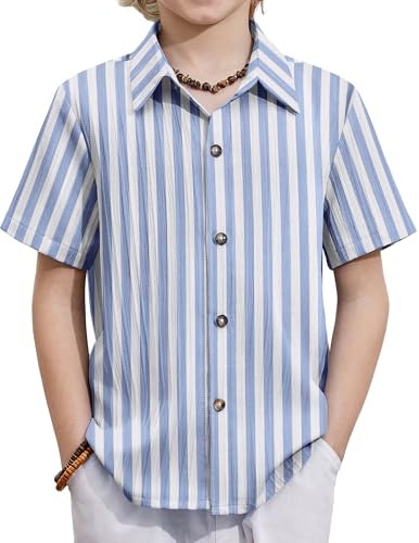 Image of Arshiner Boys Casual Short Sleeve Button Down Shirt Fashion Textured Summer Beach Shirt 3-13 Years Old