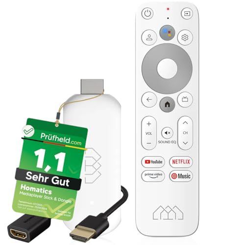 [Test SEHR GUT, Note 1.1 *] Homatics TV Stick 4K UHD | Google TV & Netflix Zertifiziert | Android 12 Chromecast Mediaplayer WiFi IP Stick mit Bluetooth Fernbedienung & NONIC HDMI Verlängerungskabel