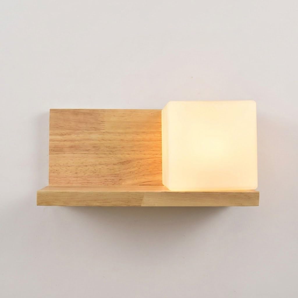COSRUB Nordic Wood Wall Lamp Fixture, Sugar Cube Glass Wall Sconce Light Japanese Floating Shelf Wall Lighting for Bedroom Bedside Hallway Entryway(Right)