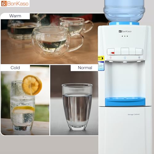 Image of BonKaso Top Loading Hot, Cold & Normal Water Dispenser | 20L Non-refrigerated Cabinet | Food-Grade ABS Body, LED Indicator, Child Lock, Removable Tray | 1 Year Warranty | White /Blue