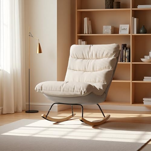 Sillón mecedora 72 x 83 x 93 cm, sillón de lactancia dormitorio bebe con marco de metal y patas de madera maciza, mecedora con relax tapizado para sala de estar, dormitorio, balcón (Beige)