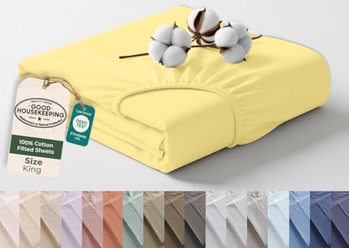 Image of Royale Linens 100% Organic Cotton King Fitted Sheet Only - Percale Weave - Super Soft Deep Pocket Bottom Sheets - Yellow Elastic Sheet - King Size Fitted Sheets Only - (78 inchx80 inch+15 inch, Yellow)