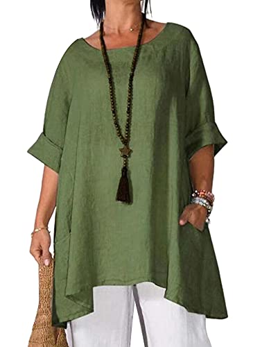 Colisha Chemisier ample à manches longues en coton et lin pour femme - Col rond, Vert, XL Cover