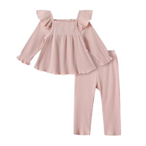 Toddler Girl Fall Winter Outfit Sets Flutter Long Flare Sleeve Smocked Top Stretchy Trousers Knitted Clothing 2-6Y