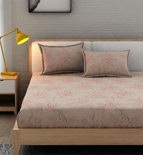Image of 350 TC Premium Heavy Cotton Feel Elastic Fitted Bedsheet King Size with 2 Pillow Covers || Double Bed with All Around Elastic (Petal Pulse, Fitted - Double72x72)