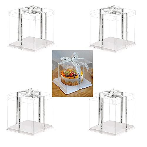 Clear Cake Box,4 Pcs Transparent Cake Box With Ribbon For Pastries10" X 10" X 9"-Clear Tall Cake Box- Clear Gift Boxes With Lid For Wedding Party And Gift Display (White-4 Set) #TOP4