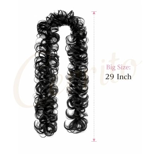 Image of Cerrito Frill Hair Extensions for Women | Premium Curly Braid Ponytail Accessory | Messy Hair Frill for Juda, Ponytails, Buns & Updos | Volume Enhancer | Easy Clip-In Wig-Like Attachment, Natural Black (Big)