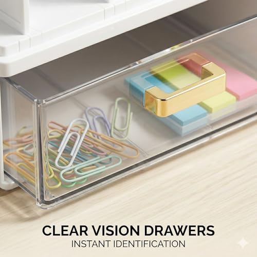 Image of CiWiVOKi Desk Organizer with 4 File Slots and 2 Drawers, White | Desktop organizer with dual pen holders for storing files, mail, notebooks and office supplies in home or office use