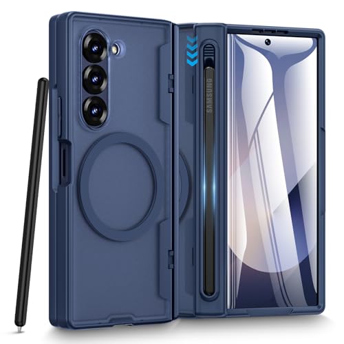 Caka for Samsung Galaxy Z Fold 6 Case [Thinner S Pen Holder Slot] [Magnetic Charging] [Hinge Protection] [Built-in Screen Protector] Translucent Hard Shockproof Magnet Phone Cover for Zfold 6 - Blue