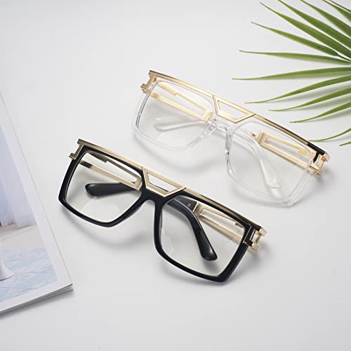 2 Pairs 90s Sunglasses Vintage DJ Rapper Hip Hop Glasses, Classic Oversized Hippie Glasses for 80s Hip Hop Costume, Square Retro Gold Frame4