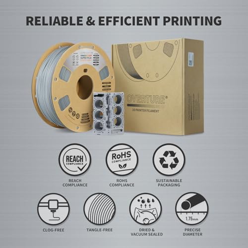 Image of OVERTURE Super PLA+ Filament 1.75mm, Toughness Enhanced PLA Plus, Professional Toughness 3D Printer Filament 1kg (2.2lbs), High Precision + /- 0.02mm Light Grey
