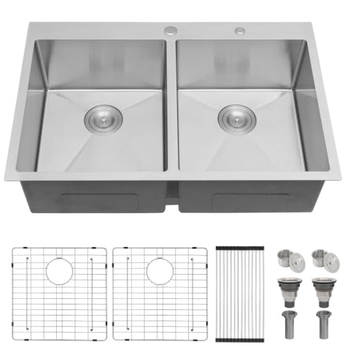 Image of SHACO 33x22 Inch 50 /50 Double Bowl Drop In Kitchen Sink 16 Gauge 33 Inch Stainless Steel Kitchen Sink Top Mount with Grid and Accessories