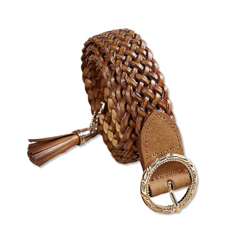 LumiSyne Women Braided Leather Belt With Tassel Pendant Round Buckle
