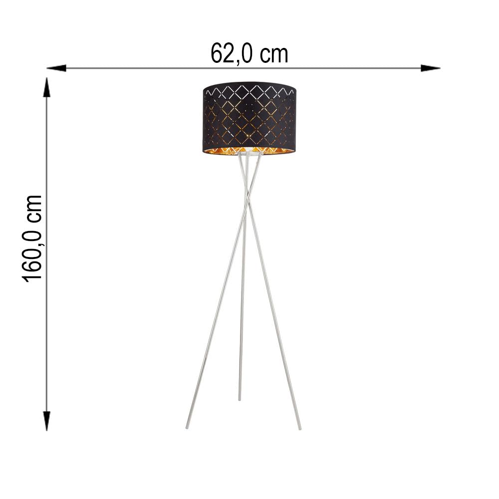 Stehlampe Textilschirm schwarz gold Beistellleuchte 3 Bein Stativleuchte Textil, Nickel matt, E27 Fassung, DxH 62x158 cm