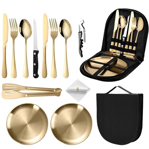 TFSZE 2 Personnes Vaisselle Camping,Inox Vaisselle Camping Ensemble de Vaisselle D'extérieur,12 Pcs Set de Couverts de Camping pour la Randonnée, L'escalade,Barbecues, Le Plein Air(Gold)