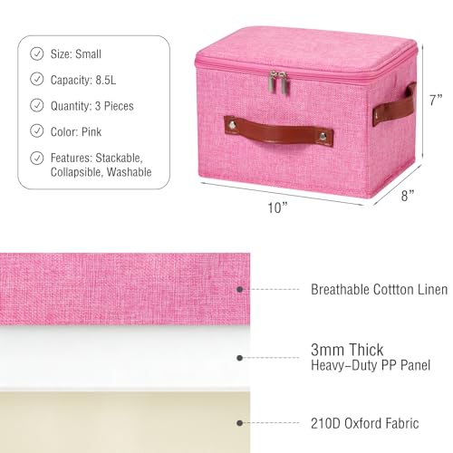 Image of 3PCS Storage Bins Boxes with Zippered Lids Cotton Linen Fabric Decorative Basket PU Leather Handles PP Plastic Board Foldable Lidded Clothing Shelf Closet Organizer Container (Pink, Small)