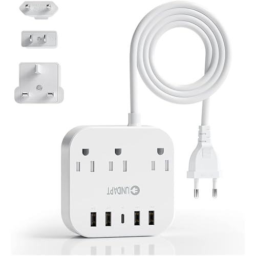 European Plug Adapter, Unidapt US to UK Europe Power Strip for EU/UK/US with USB C and 4 USB Ports, 3 AC...