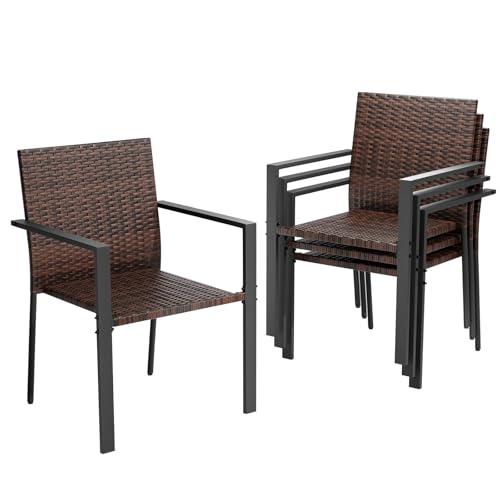 Amopatio Gartenstühle Stapelbar 4er Set, Polyrattan Stapelstuhl Garten mit Armlehnen, Stabiler Stahlrahmen, Wetterfest Rattansessel - Rattan Balkonstühle für Balkon, Terrasse, Braun