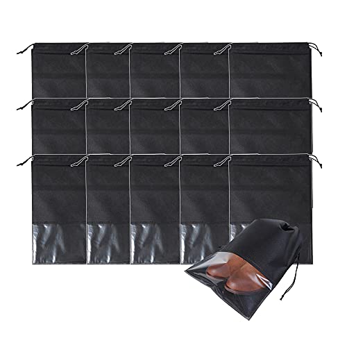 CHSG 15 Pcs Sacs à Chaussures De Voyage pour Homme Et Femme, avec Cordon De Serrage Etanche à La Poussière Et Fermeture Thermorétractable, Imperméable Anti-Poussière Rangement pour Voyage Sport, Noir Cover