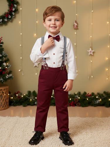 Image of Boarnseorl Baby Boys Pants Sets, Infant Long Sleeve Shirt + Pants + Bow Tie + Suspenders Outfits