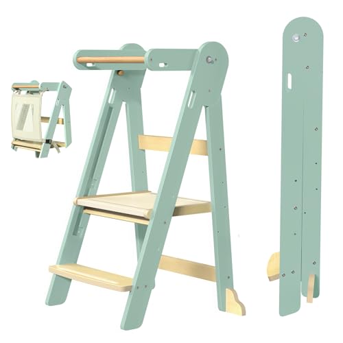 Image of Grownsy Foldable Step Stool Toddler Tower, Toddler Kitchen Stool Helper, Collapsible Kids Standing Tower with 3 Adjustable Heights and Safety Net for Kitchen Bathroom Sink Counter (Green)