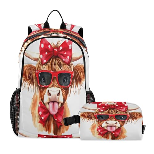 ALAZA Watercolor Highland Cow Bow Kids Backpack Elementary Girls Boys Bookbag Rucksack Primary School Bag Backpack Set with Lunch Bag