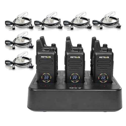 Retevis RT22S 2 Way Radios Rechargeable,Long Range Walkie Talkies with Earpiece and Mic Set,Channel Display,Signal Prompt,Handsfree Portable Two-Way Radio(6 Pack) with 6 Way Multi Gang Charger