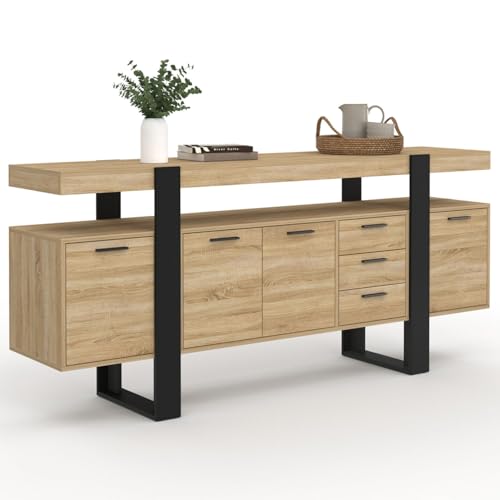 IDMarket Phoenix XXL - Aparador (180 cm, 4 puertas y 3 cajones, madera y negro), color negro