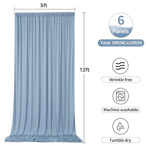 Image of 30ftx12ft Dusty Blue Backdrop Curtains for Parties, Wrinkle Free Polyester Photo Backdrop Drapes 6 Panels 12 ft Long Back Drop Cloth for Wedding Birthday Photography Background Party