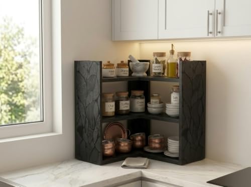 Image of Multipurpose 3 Tier L Shaped Wooden Storage Rack For Kitchen, Living Room and Utility Storage, Dark Elegance