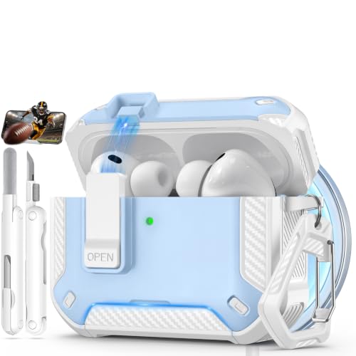 Image of for AirPods Pro 3 Case with Lock & Phone Stand(Sky Blue) | Automatic Snap Switch Lock,Carbon Fiber Texture Design Cover with Cleaner Kit,Compatible with MagSafe