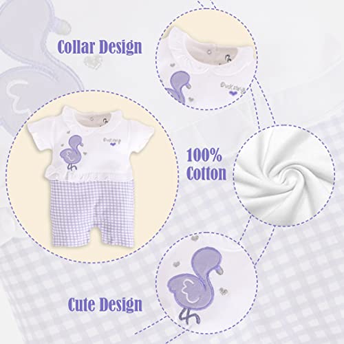 Image of BABY GO Baby Girls Cotton Romper Dress | Short Sleeve Peter Pan Collar Jumpsuit | Newborn Infant Summer Outfit | Soft Breathable Smocked Bubble Playsuit with Floral Collar | Cute One Piece Dress