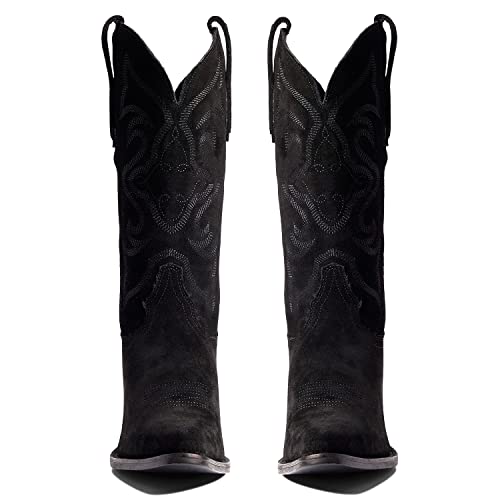 Image of LEHOOR Cowboy Boots Women Embroidered Mid Calf Western Boots Stacked Low Heel Pointed Toe Pull On Cowgirl Boot 4-11 M US