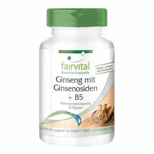 Fairvital Ginseng rojo Panax + vitamina B5-90 pastillas – con ácido pantoténico y ginsenósidos – Calidad probada y alta dosificación – 100% vegano – Fabricado en Alemania