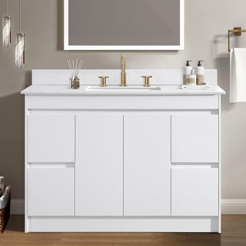 TONYRENA 48 inch Bathroom Vanity with Sink Combo Set, Undermount Stone Top with Ceramic Sink w/Thicked Wood Cabinet, Soft Closing Cabinet Door & Drawers, White