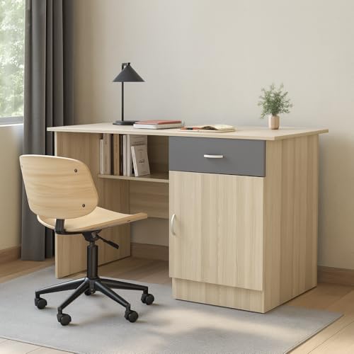 Image of 120x60x75cm Engineered Wood Study & Office Table | 1 Year Warranty | Matte Finish Free Standing Compact Modern Computer Desk with Drawer & Cabinet | Rolex Brown Finish- Moldau Acacia