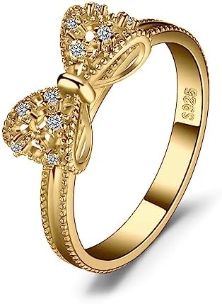 JewelryPalace 14k Yellow Gold Plated 925 Sterling Silver Rings for Women, Cubic Zirconia Promise Rings for Her, Stackable Wedding Bands Rings for Women Bow Stacking Ring Sets Size 8