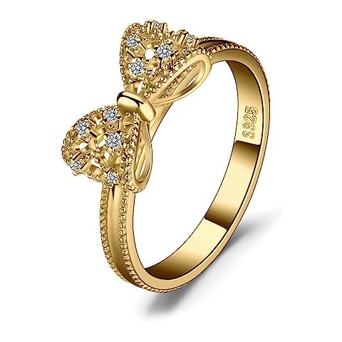JewelryPalace 14k Yellow Gold Plated 925 Sterling Silver Rings for Women, Cubic Zirconia Promise Rings for Her, Stackable Wedding Bands Rings for Women Bow Stacking Ring Sets Size 6 Cover