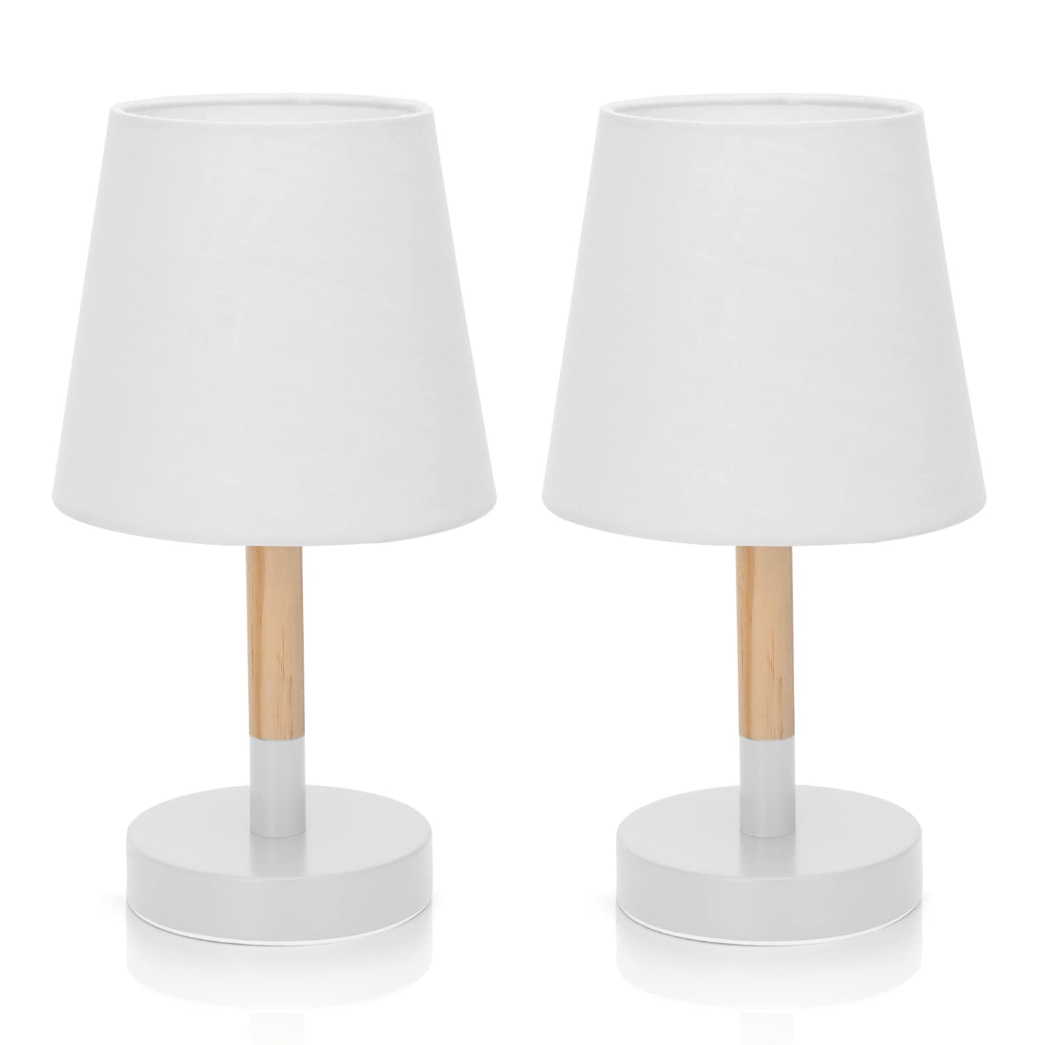 Aigostar 2 Piezas Lámpara de Mesa, Lámpara de Mesita de Noche Pequeña de Madera Moderna, lámpara de Noche con Tulipa de Tela Blanca y Base de Metal, Portalámparas E14, Decorativa y Vintage