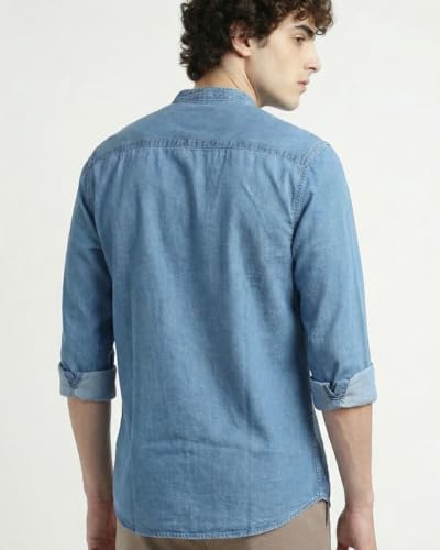 Image of Amazon Brand - INKAST Men Washed Cotton Twill Denim Casual Button Down Shirt | Mandarin Collar | Full Sleeves | Regular Fit | Stylish Summer - Everyday Wear