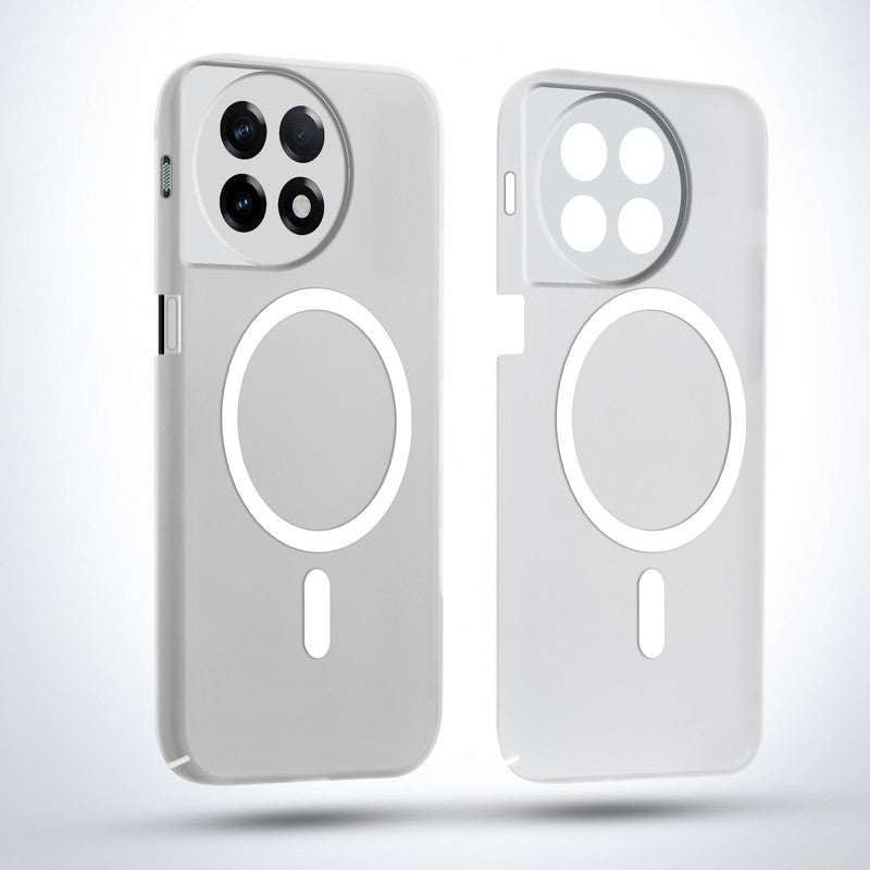 Image of Magnetic Transparent Mobile Cover for oneplus 11R Wireless Charging Compatible Shockproof Case with Slim Matte Back, Anti Yellow Hard Pc Protective Back Cover [ White]