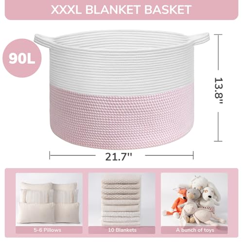Image of INDRESSME XXXLarge Storage Basket with Handle, Pink Laundry Basket for Nursery Stuffed Animal Storage, Baby Baskets Kids Toy Organizer, 21.7 inch x 21.7 inch x 13.8 inch, Pink