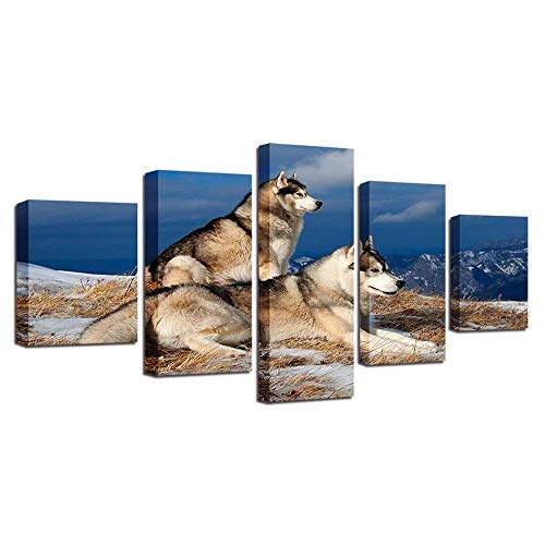 Tableau loup sur toile intissée en 5 pièces pour décoration murale moderne