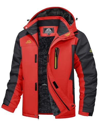 MAGCOMSEN Winter Coats for Men Windbreaker Water Resistant Ski Snowboard Jacket Fleece Lined Warm Parka Work Sport Outerwear Red, XL